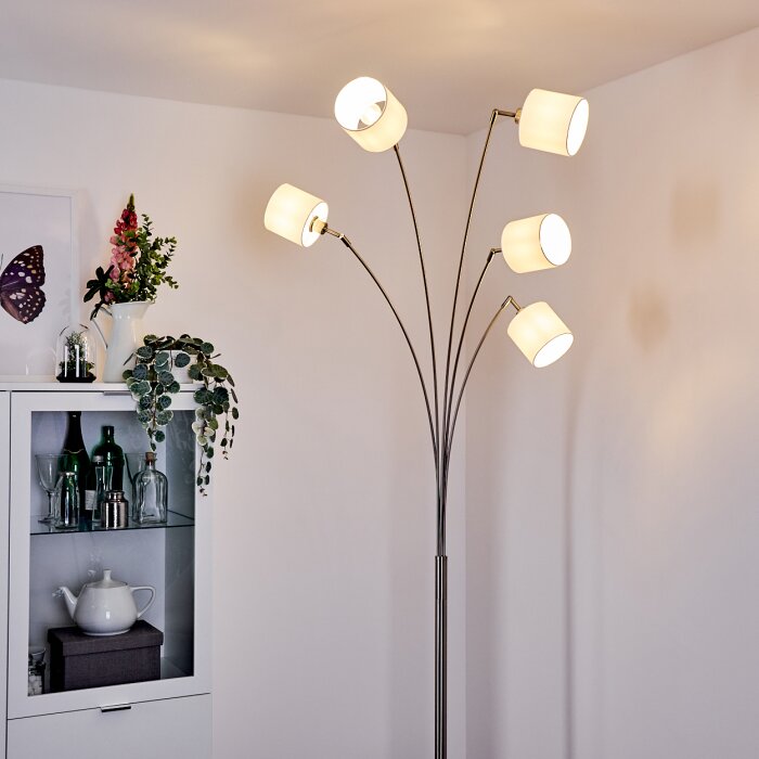 Lampadaire Alsen Nickel mat, 5 lumières, Abat-jour en tissu