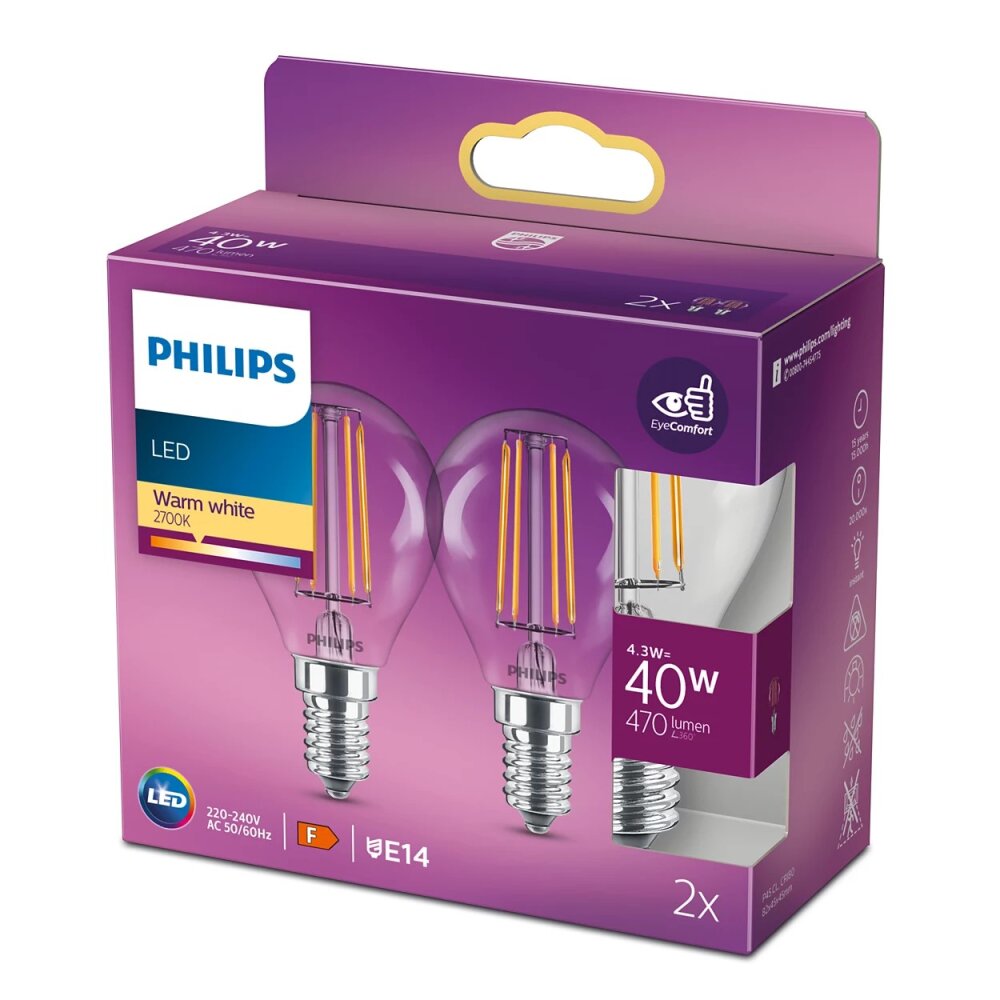 Philips 2x LED E14 4,3 Watt 2700 Kelvin 470 Lumen main product photo
