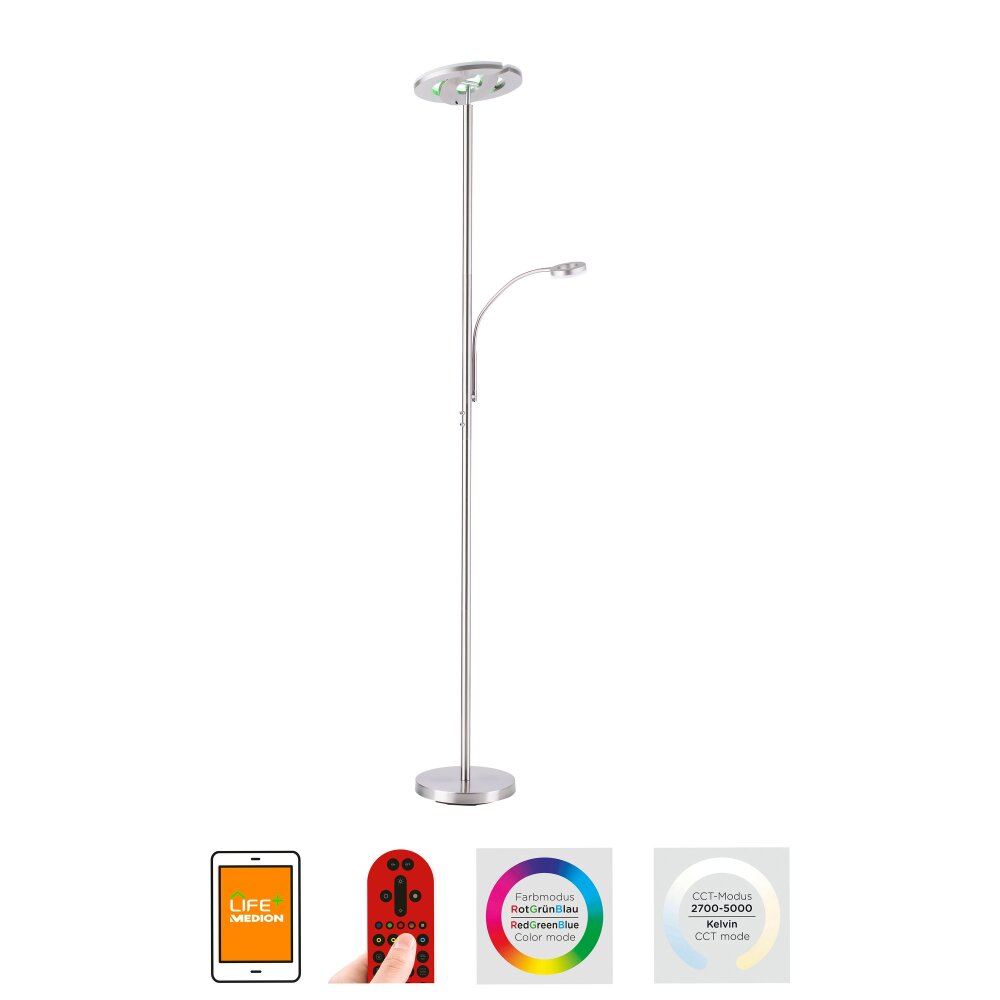 Lampadaire Leuchten-Direkt LOLAsmart-ROCCO LED Acier brossé, 1 lumière, Télécommandes main product photo