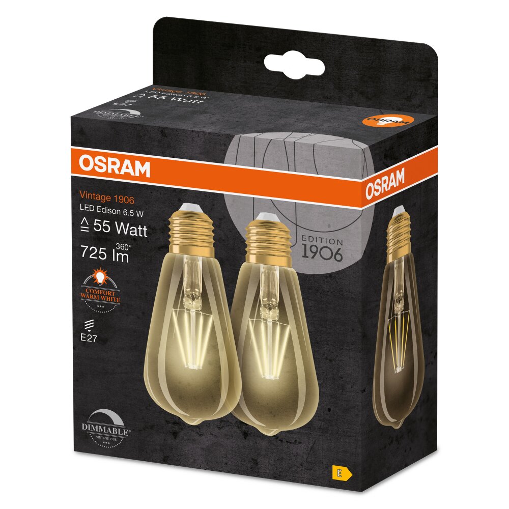 OSRAM Vintage 1906 Lot de 2 LED E27 6,5 watt 2400 kelvin 725 lumen main product photo