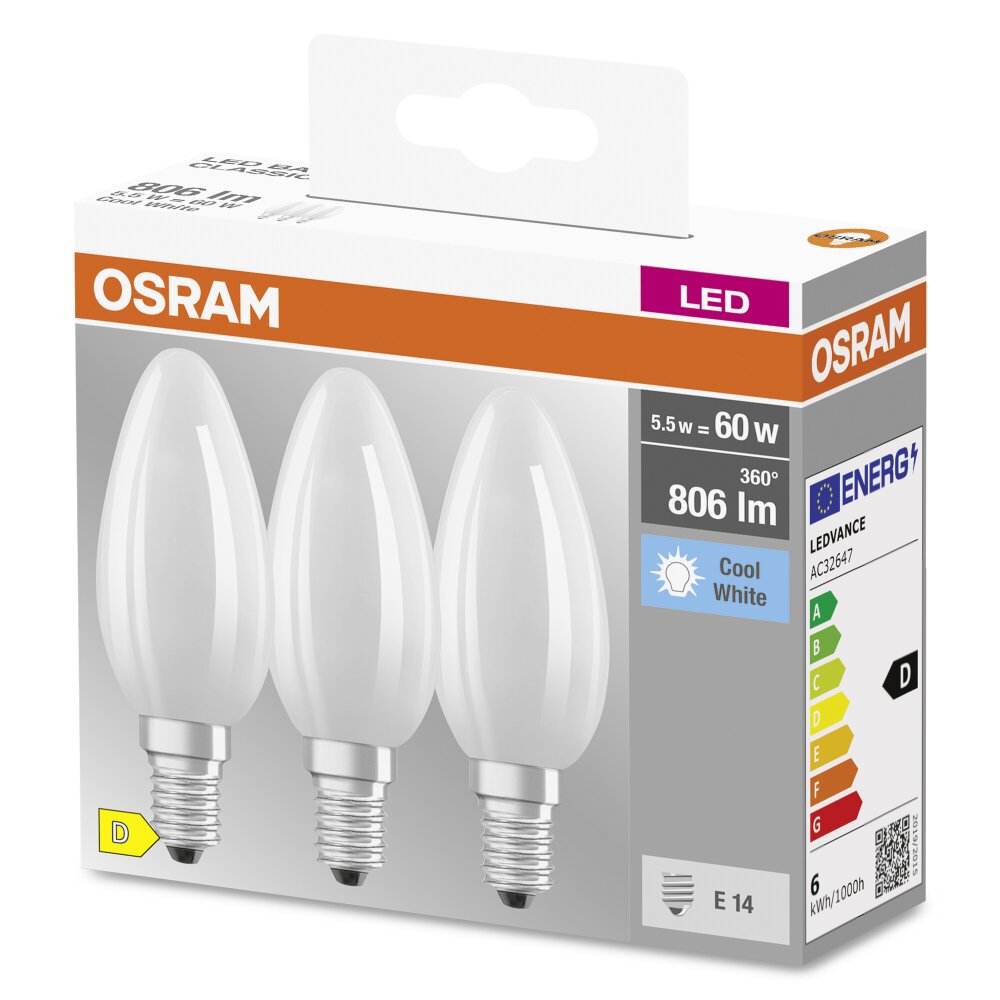 OSRAM CLASSIC B Lot de 3 LED E14 5,5 watt 4000 Kelvin 806 lumen main product photo