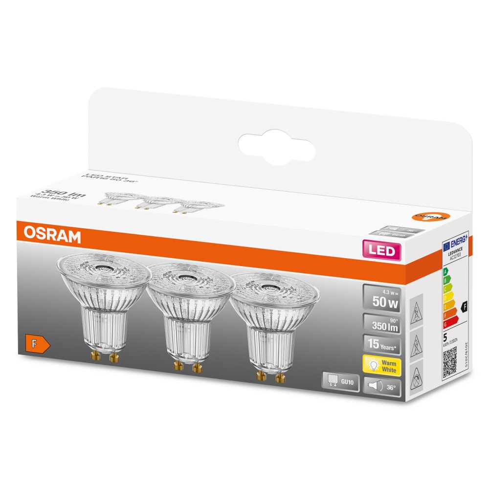 OSRAM LED STAR PAR16 Set de 3 ampoules GU10 4,3 watt 2700 Kelvin 350 lumen main product photo