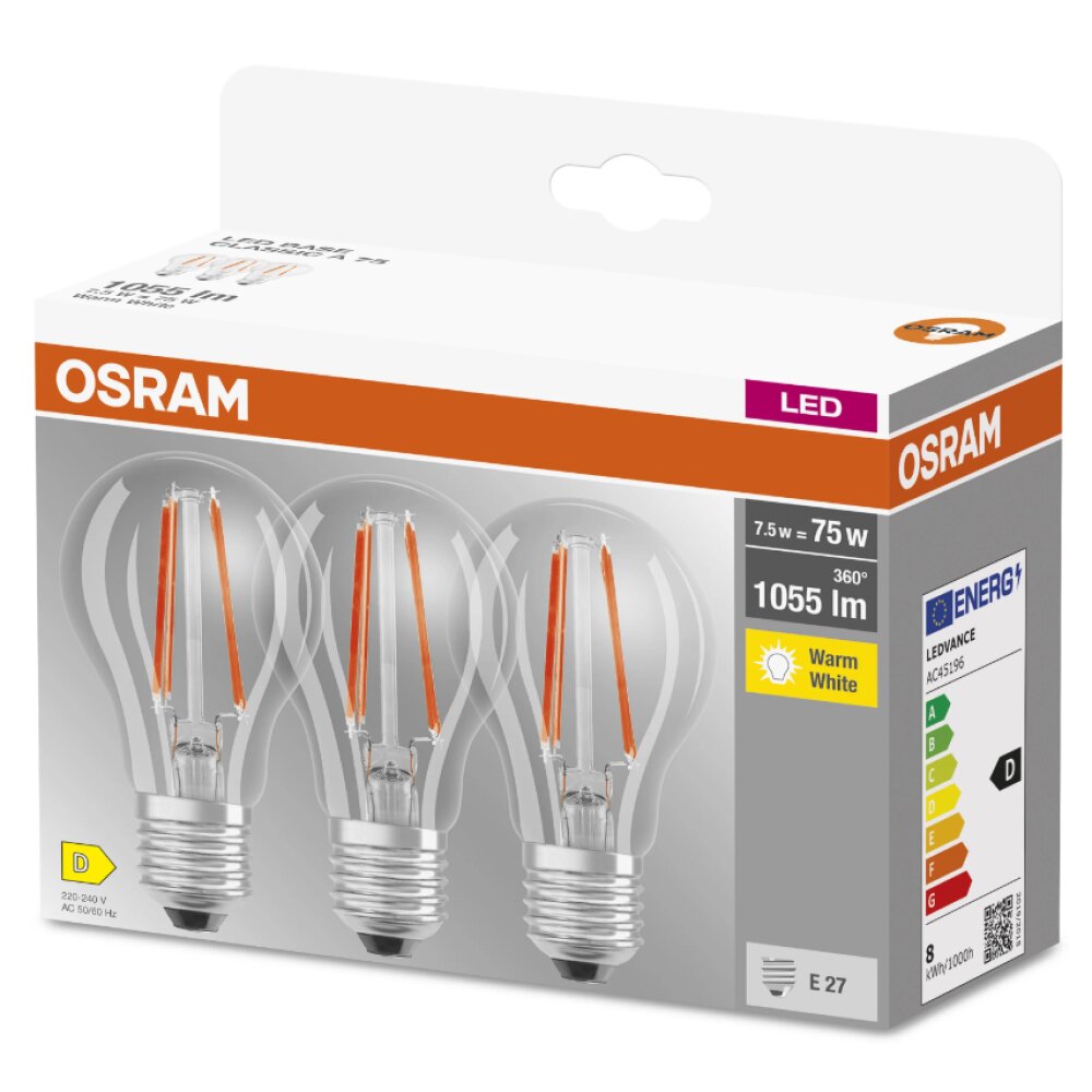 OSRAM Set de 3 LED E27 7,5 Watt 2700 Kelvin 1055 lumen main product photo