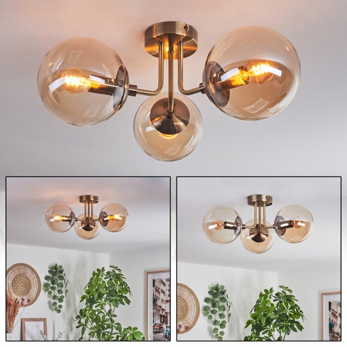 Plafonnier vintage Cabalonga 42 cm à trois lumières, abat-jour en verre ambré 15 cm