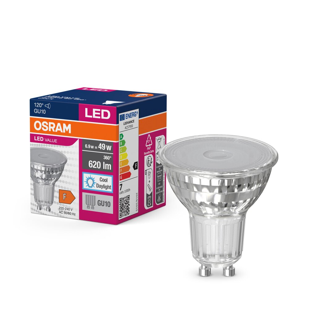 Luminaires Osram GU10 LED 6.9 Watt blanc lumière du jour 620 Lumen main product photo