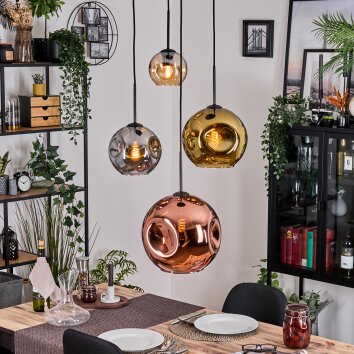 Ripoll Suspension, Boule lumineuse, Suspension grappe Ambre, Chrome, Or, Cuivré, Fumé, 4 lumières