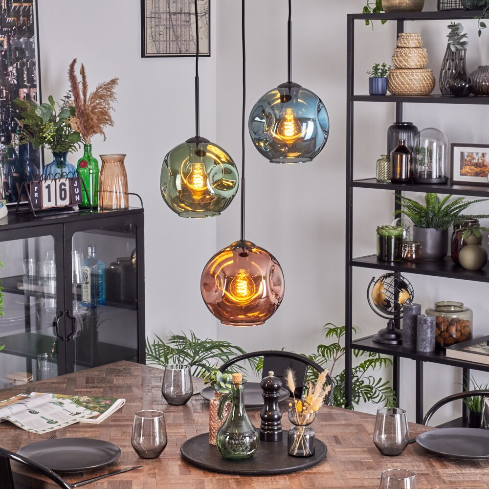Ripoll Suspension, Boule lumineuse, Suspension grappe Bleu, Vert, Cuivré, 3 lumières main product photo