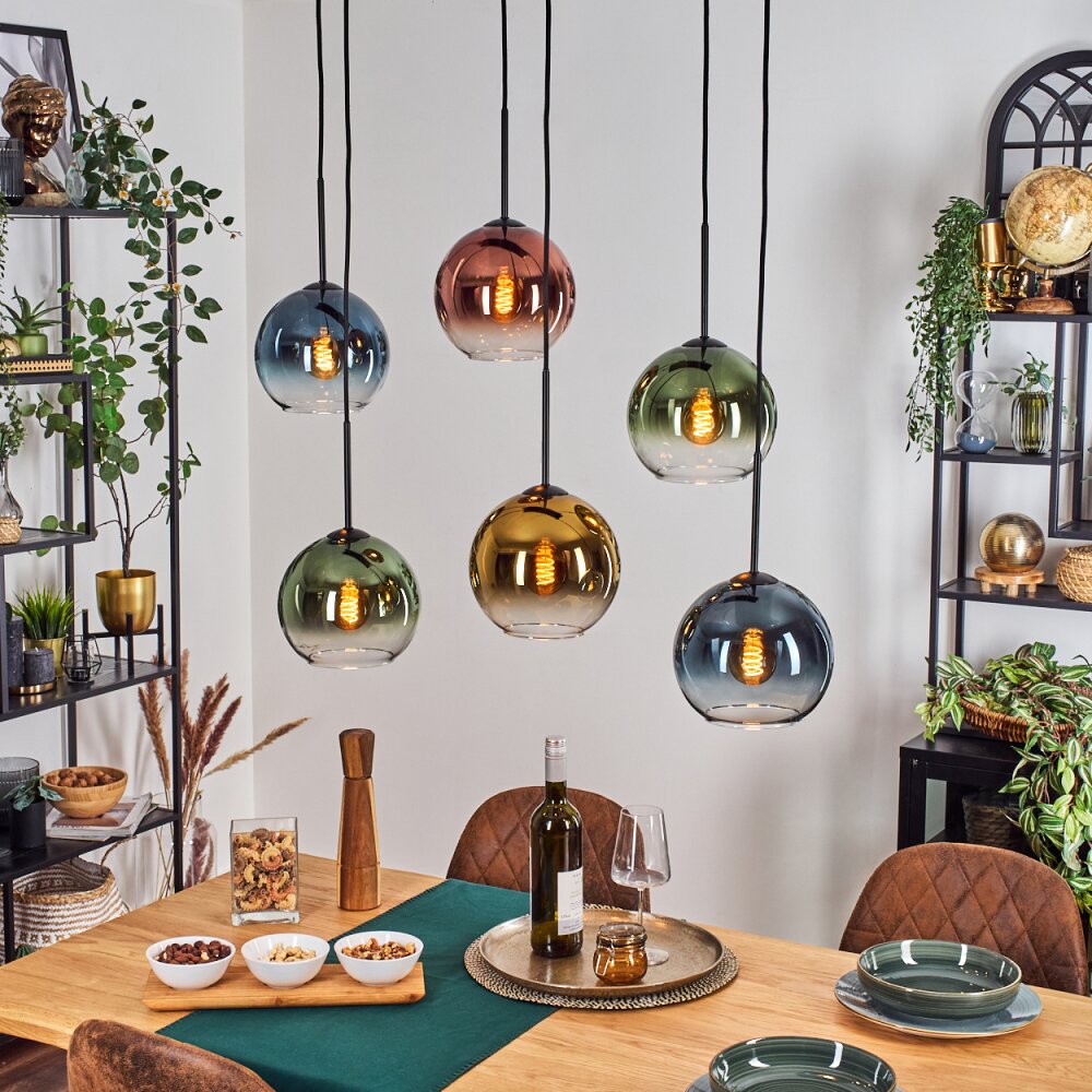 Koyoto Suspension, Boule lumineuse, Suspension Bleu, Or, Vert, Clair, Cuivré, 6 lumières main product photo
