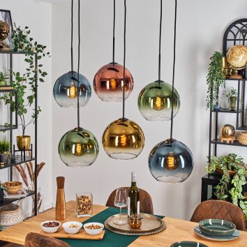 Koyoto Suspension, Boule lumineuse, Suspension Bleu, Or, Vert, Clair, Cuivré, 6 lumières