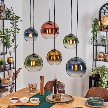 Koyoto Suspension, Boule lumineuse, Suspension Bleu, Or, Vert, Clair, Cuivré, 6 lumières