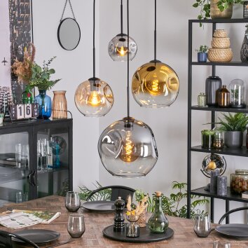 Ripoll Suspension, Boule lumineuse, Suspension grappe Ambre, Chrome, Or, Clair, Fumé, 4 lumières