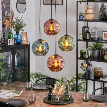 Ripoll Suspension, Boule lumineuse, Suspension grappe Bleu, Vert, Cuivré, 4 lumières