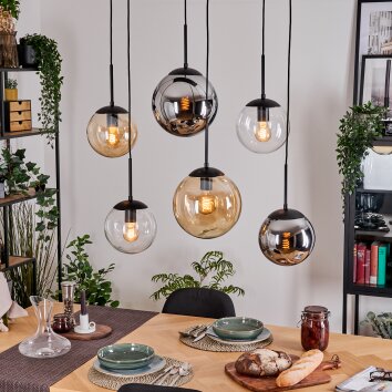 Gastor Suspension, Boule lumineuse, Suspension Ambre, Chrome, Clair, Fumé, 6 lumières