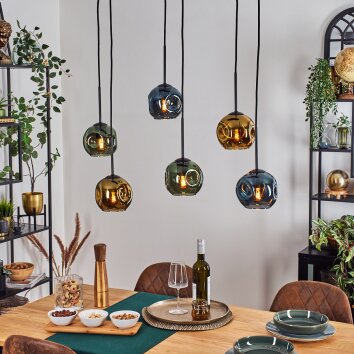 Ripoll Suspension, Boule lumineuse, Suspension Bleu, Vert, Cuivré, 6 lumières