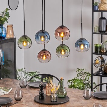 Koyoto Suspension, Boule lumineuse, Suspension Bleu, Vert, Clair, Cuivré, 6 lumières