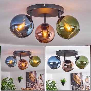 Koyoto Plafonnier, Boule lumineuse Bleu, Vert, Cuivré, 3 lumières