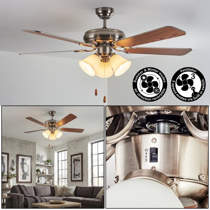 Stelo Plafonnier, Ventilateur de plafond lumineux Écru, Nickel mat, Argenté, 3 lumières