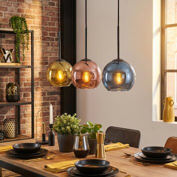 Koyoto Suspension, Boule lumineuse, Suspension Bleu, Or, Cuivré, 3 lumières
