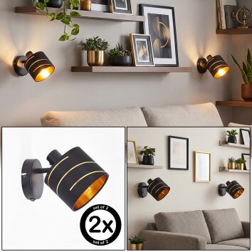 Spot mural moderne Alsen, lot de 2, réflecteur noir à détails dorés orientable