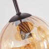 Plafonnier moderne Koyoto, quatre abat-jour ronds ambrés, lattes de bois, ø 39,5 cm