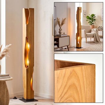 Lampadaire en colonne de bois écru Sernadelo moderne à découpes ondulées, E27