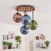 Plafonnier Gastor en grappe, 4 lumières, abat-jour en verre bleu, vert et cuivré