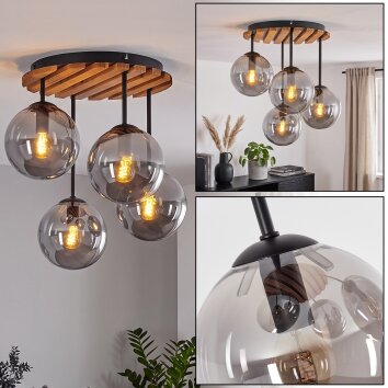Plafonnier moderne à 4 lumières Gastor, socle à lattes de bois et abat-jour fumés ø 15 cm