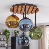 Plafonnier Koyoto moderne, socle à lamelles de bois, 4 abat-jour bleus, verts et dorés