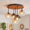 Plafonnier à 5 lumières Koyoto moderne, socle rond à lattes de bois, verre fumé