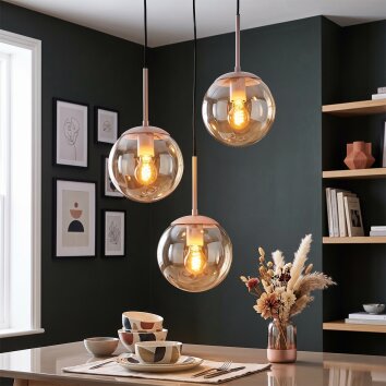 Suspension Gastor réglable à l'installation, à trois abat-jour sphériques en verre ambré