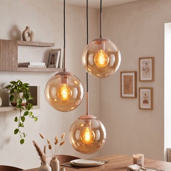 Suspension moderne Gastor, 3 abat-jour ronds en verre ambre, réglable au montage