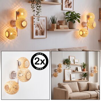 Applique murale Boho Basto, lot de 2, avec trois abat-jour ronds en bambou tressé