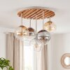 Plafonnier Gastor moderne, structure écrue et socle à lattes de bois, cinq abat-jour ambrés