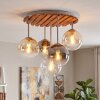 Plafonnier Gastor moderne, structure écrue et socle à lattes de bois, cinq abat-jour ambrés