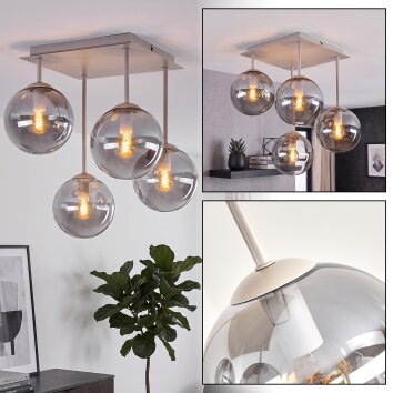 Plafonnier moderne Gastor en grappe, 4 abat-jour ronds en verre fumé