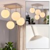 Plafonnier moderne Gastor, quatre abat-jour ronds en verre blanc, structure sable