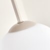 Plafonnier moderne Gastor, quatre abat-jour ronds en verre blanc, structure sable