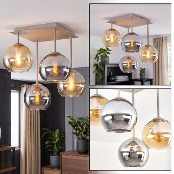 Plafonnier moderne Koyoto à 4 lumières en grappe, abat-jour en verre fumé, ambre et chrome