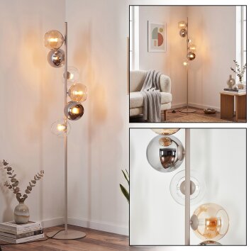 Lampadaire moderne Koyoto à six lumières, grappe verticale d’abat-jour sphériques ambrés