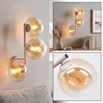 Applique murale moderne Gastor, 3 abat-jour ronds en verre ambre et clair