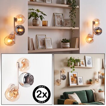 Applique murale moderne Koyoto, set de 2, trois abat-jour en verre fumé, chrome et ambre