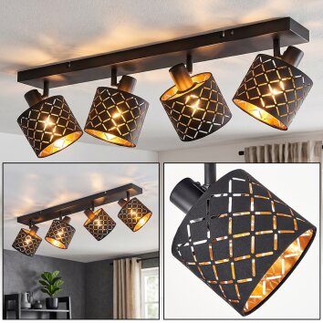 Plafonnier Tallaboa moderne à 4 lumières orientables, avec abat-jour noirs perforés et dorés