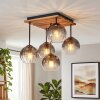 Plafonnier moderne Koyoto, 5 lumières, lamelles en bois écru, abat-jour fumé et clair